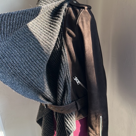 ALL SAINTS NWOT Brown Suede Leather Jacket Biker Wool Shawl Scarf UK 6 US 2 XS - Picture 4 of 9